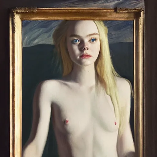 Prompt: Elle Fanning in a black robe holding a skull on the beach, head and shoulders portrait, stormy weather, extremely detailed masterpiece, Roger Deakin’s cinematography, oil on canvas, Edward Hopper,