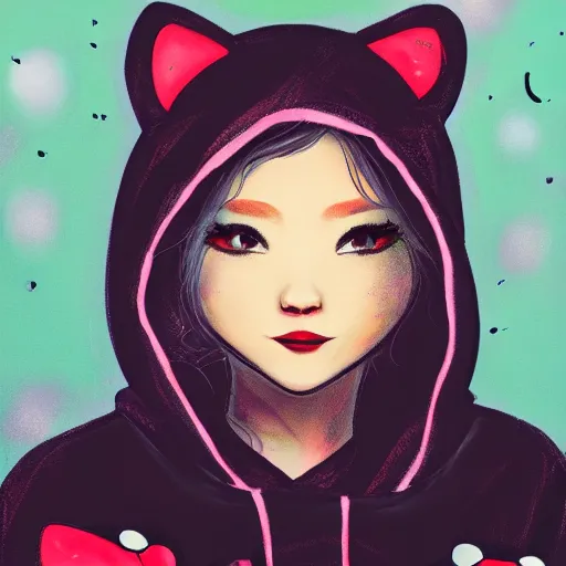 Prompt: Portrait of black Hello Kitty in hoodie, 8k, trending on ArtStation, hyperdetalied,