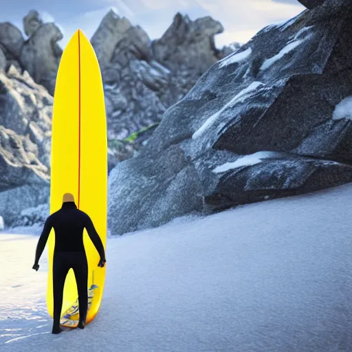 Image similar to man surfing a yellow surfboard down a snowy mountain, high quality digital art, unreal engine, cinematic lighting, photorealism