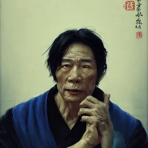 Prompt: masterpiece painting of a portrait of an mature asian man with tied up black hair wearing blue and black kimono featured in artstation, concept art by Greg Rutkowski, WLOP, Dan Mumford, Christophe Vacher