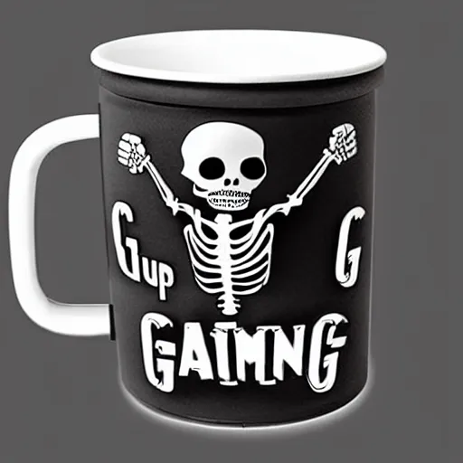 Image similar to a cup with a skeleton saying'gaming '!!!!! on it,'gaming '!!!!!