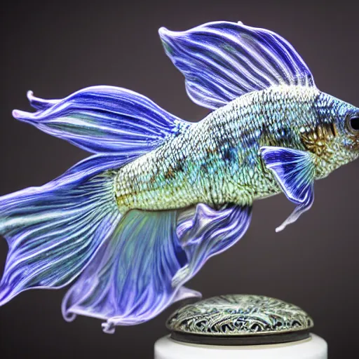 Prompt: a photo - real delicate ceramic porcelain sculpture of an ornate detailed betta fish in front of a intricate background by victo ngai and takato yamamoto, micro detail, backlit lighting, subsurface scattering, translucent, thin porcelain, octane renderer, colorful, physically based rendering, japanese pottery, trending on cgsociety