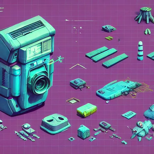 Image similar to context independency game art, detailed, artstation, 8 k, sci - fi, pastel colors, props, panel, concept, simon stalenhag, blueprint, items and gadget, big medium small, blueprint, vintage - w 1 0 2 4