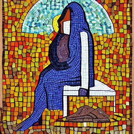 Prompt: A beautiful land art. Her cell is as bare as mine. She is sitting in the middle, hugging her knees, wrapped in a toga-like garment. mosaic, orpist by Stuart Davis, by Ed Mell lavish