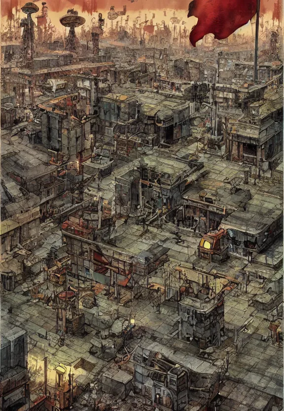 Image similar to [Underground colony with checkered flags, rust and brutalist buildings and little mushrooms. Propaganda poster, intricate, elegant, highly detailed, digital painting, artstation, concept art, matte, sharp focus, illustration, art by Enki Bilal and Moebius]