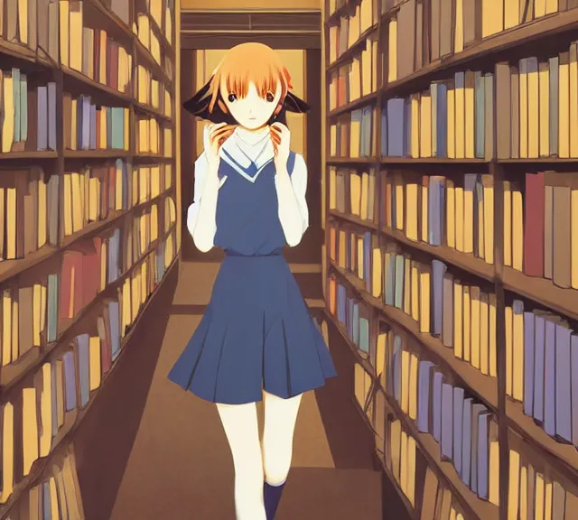 Image similar to anime visual, full body portrait of a young female traveler in a book shop interior, beautiful face by yoh yoshinari, katsura masakazu, dramatic lighting, dynamic pose, dynamic perspective, strong silhouette, anime cels, ilya kuvshinov, cel shaded, outlined edges, rounded eyes, moody, detailed character