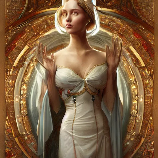 Image similar to a realistic liquid queen with a decorated dress made of white pearls , highly detailed, digital painting, Trending on artstation , HD quality, by artgerm and greg rutkowski and alphonse mucha, dramatic light, octane