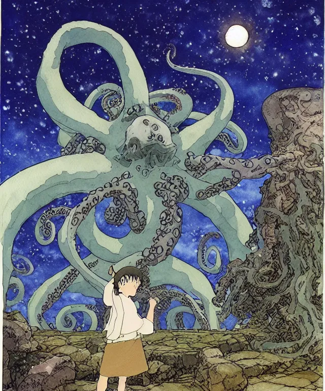 Prompt: a hyperrealist studio ghibli watercolor fantasy concept art. in the foreground is a giant grey octopus lifting an immense stone. the background is stonehenge with a starry sky. by rebecca guay, michael kaluta, charles vess