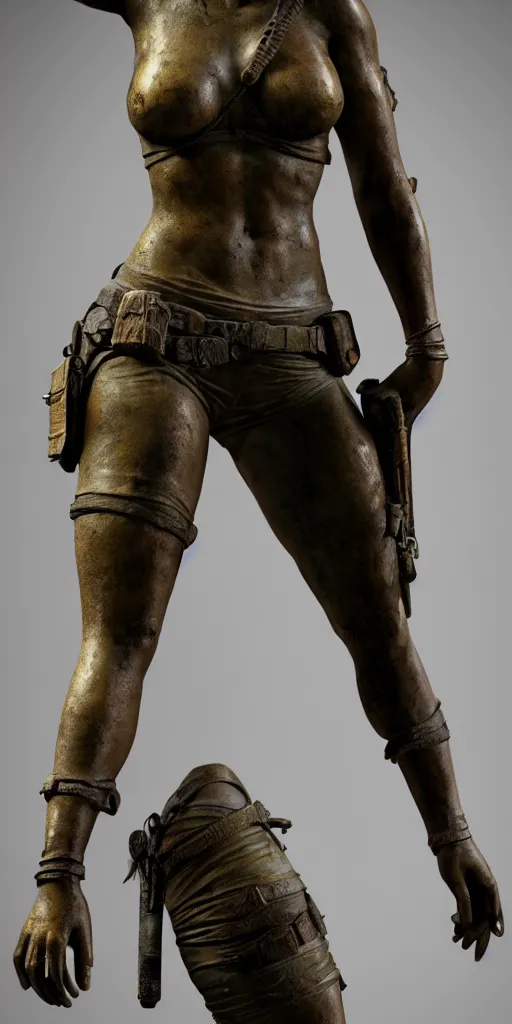 Image similar to detailed photo of an old bronze patina statue of beautiful lara croft, full body portrait, photorealism, intricate detail, museum diffuse lighting