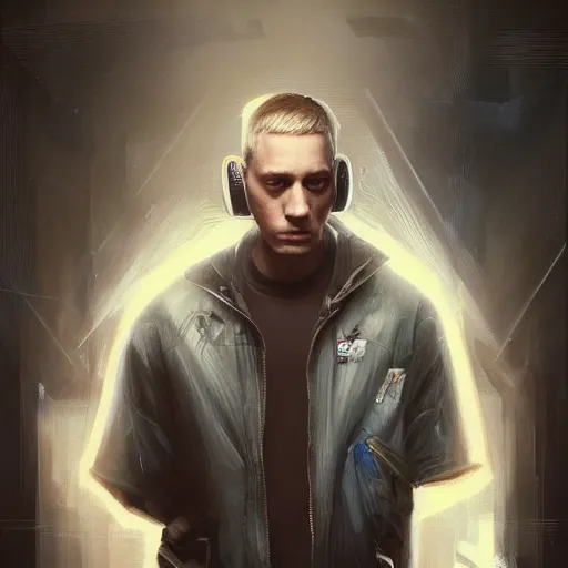 Image similar to portrait of eminem as a shocked man by greg rutkowski, he is about 3 0 years old, short blond hair, athletic and strong, straight jaw, wearing futuristic timepunk space gear, highly detailed portrait, digital painting, artstation, concept art, smooth, sharp foccus ilustration, artstation hq.