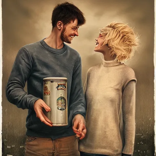 Image similar to a highly detailed portrait of a young couple from the side, holding a tin can, remote icelandic village, summer, jeans and t shirt, blonde hair, muted colors, joy, by tom bagshaw, trending on artstation,