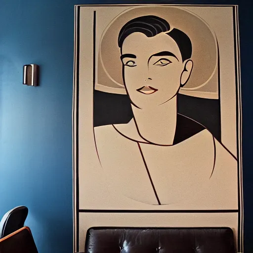 Prompt: a beautiful art deco wall mural of a handsome man, symmetrical, elegant