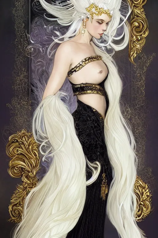 Image similar to fullbody!! of a beautiful woman with white hair, big natural horns on her head, long flowing intricate black lace dress, gold jewellery, dnd, face, fantasy, intricate, elegant, highly detailed, digital painting, artstation, concept art, smooth, sharp focus, illustration, art by artgerm and greg rutkowski and alphonse mucha
