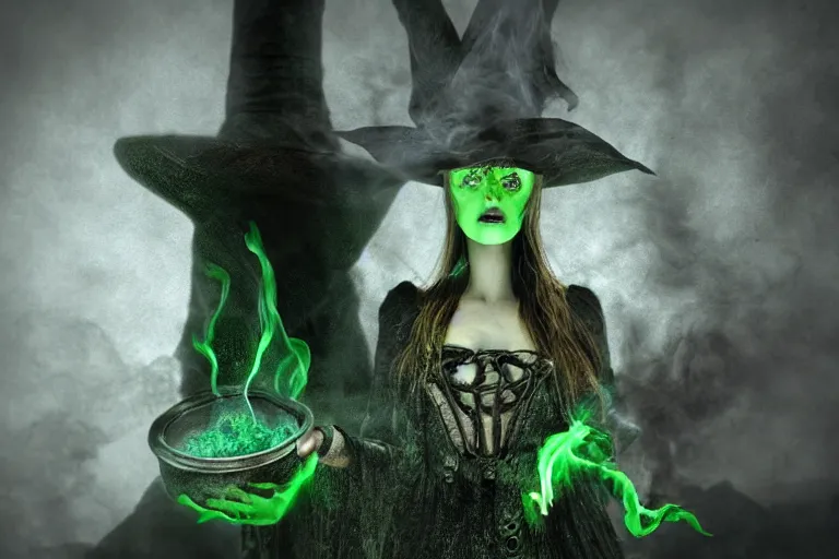 Image similar to close shot of a witch in her lair brewing a magical potion, depressing, gloomy, tired, detailed, witch hat, dungeon, green smoke, fire, smoke, realism, realistic, hyper detailed, green lighting, ambient lighting, green smoke, fog, smoke, cinematic lighting, haze, bokeh, 3D render, Blender, octane render, render, artstation, detailed face, symmetric face,