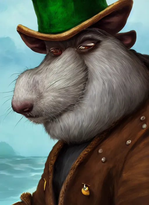 Image similar to anthropomorphic rat with human eyes and a gray beard, wearing jewelry, tricorne hat, green robe, d & d, digital art, detailed face, highly detailed, trending on artstation, realistic, studio lighting, sea in the background