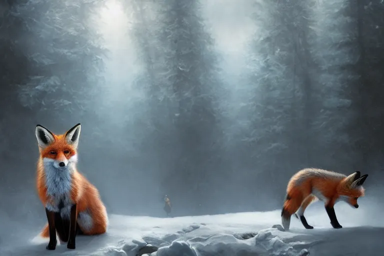 Image similar to portrait of a fox wearing blue coat stood outside a school, trending on artstation, highly detailed, digital painting, volumetric light, concept art, middle focus, illustration, lighting by Marc Adamus, daren bader, aleksi briclot, rutkowski, bouguereau