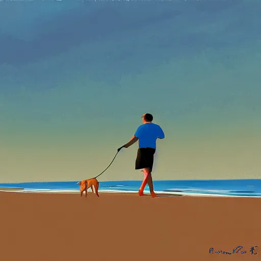 Image similar to man walking his dog at the beach at sunset, digital painting