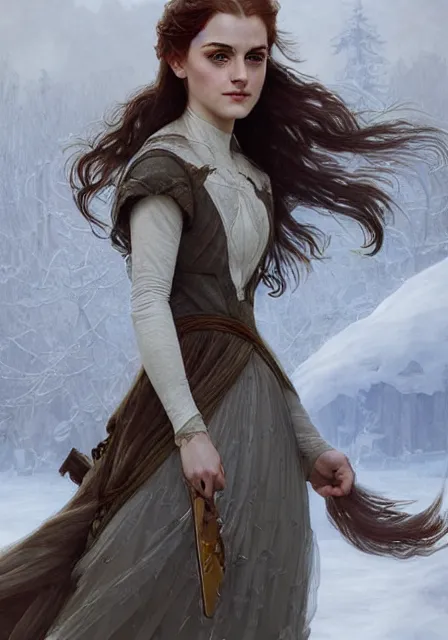 Image similar to sansa emma watson snow, intricate, elegant, highly detailed, digital painting, artstation, concept art, smooth, sharp focus, illustration, art by artgerm and greg rutkowski and alphonse mucha and william - adolphe bouguereau