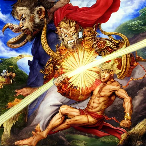 Prompt: Sun Wukong vs god, Journey to the west, 4k, art by Peter Paul Rubens
