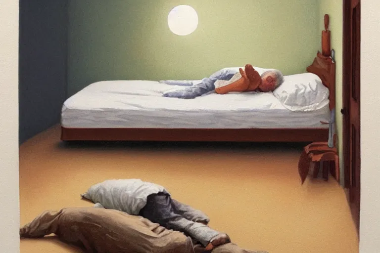 Image similar to an painting of the old man is sleeping in bed and a boy sits near the bed of the old man, by quint buchholz,