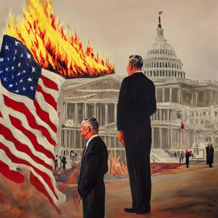 Image similar to United States President viewing the Capital Burn, 1958, Oil on Canvas, Antiwar, full body, dramatic, digital art