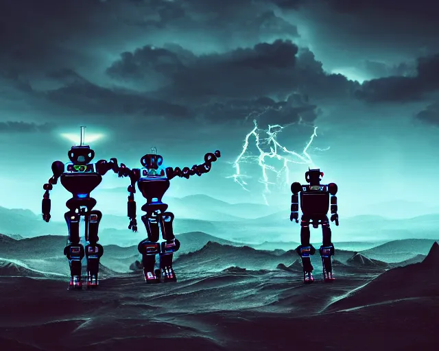 Image similar to two humanoid futuristic robot fighting each other, landscape, Cyberpunk, Steampunk, cloudy, mountains on background, peaceful day