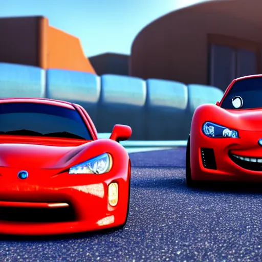 Prompt: An Evo 10 car and a BRZ car kissing each other, Pixar Cars movie style, 3D render, beautiful lighting, the cars have faces, extremely detailed, HDR, 4K, 8K, the lips of the cars are touching, the cars have Disney Pixar faces, kids movie, cute