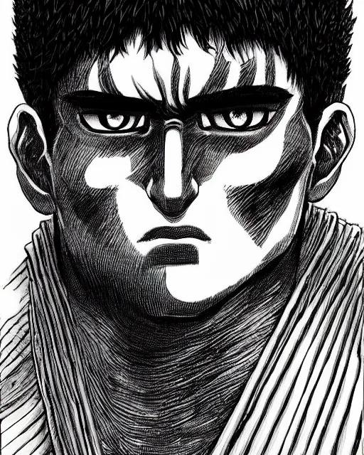 Prompt: guts berserk, character art by kentaro miura, handsome manga portrait illustration