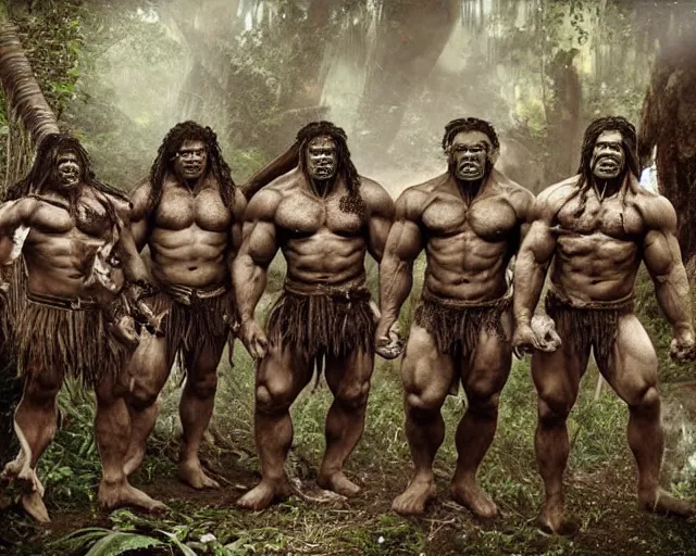 Image similar to hyper realistic group vintage photograph of an orc warrior tribe in the jungle, tall, muscular, hulk like physique, tribal paint, tribal armor, grain, old