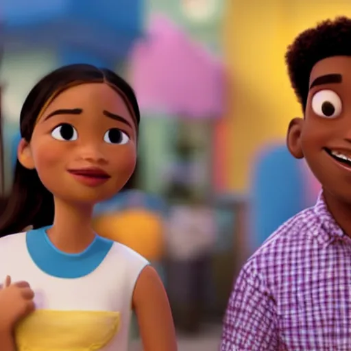 Image similar to a cinematic film still from a 2001 Pixar movie about a lightskin boy and latina hirl falling in love and having a child together, in the style of Pixar, shallow depth of focus