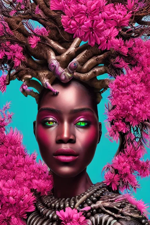 Image similar to hyperrealistic neo - rococo cinematic super expressive! yoruba goddess with exoskeleton armor, merging with tree in a forest, pink red flowers, highly detailed digital art masterpiece, smooth cam de leon eric zener dramatic pearlescent soft teal light, ground angle hd 8 k, sharp focus