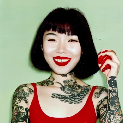 Prompt: Photo of grinning beautiful young asian woman with many tattoos looking cute wearing red lipstick in 1990 at a mall