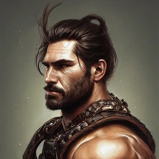 Image similar to portrait of a young, ruggedly handsome ranger, muscular, man bun, half body, leather, hairy, d & d, fantasy, intricate, elegant, highly detailed, digital painting, artstation, concept art, smooth, sharp focus, illustration, art by artgerm and greg rutkowski and alphonse mucha