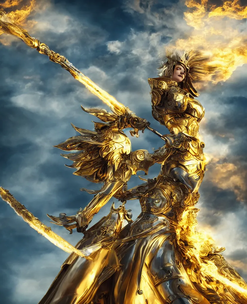 Prompt: A fiercely beautiful woman in golden angelic battle armor wielding a flaming sword, among heavenly clouds, medium shot, mid-shot, waist shot, cinematic, epic, 4k, stylized, realism