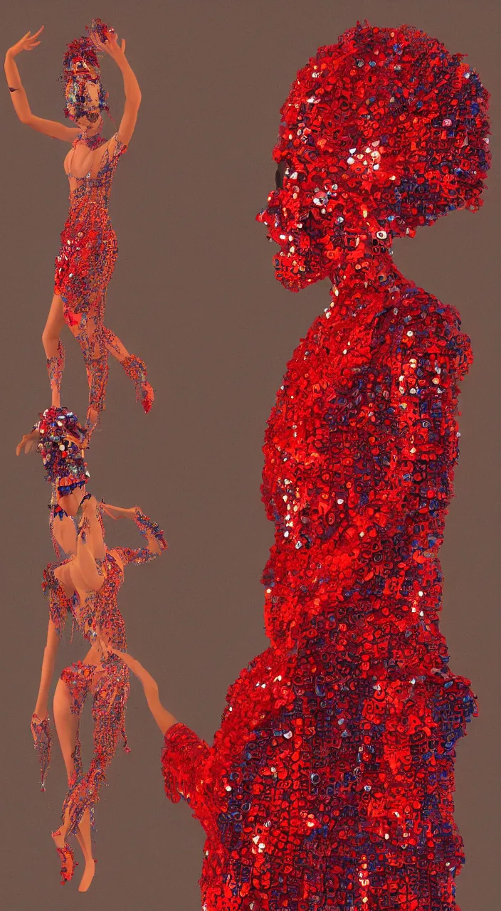 Prompt: a full - body female character design wearing a red sequined bodysuit, beads hanging over her face like an alexander mcqueen headdress, costume by eiko ishioka, haute couture by moebius, steven outram, colorful and psychedelic, hd, 8 k, artstation, high quality