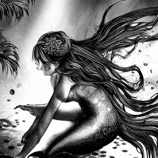 Prompt: mermaid in the style of kentaro miura, 4 k, 8 k, absolute detail of even the smallest details and particles, beautiful shadows, beautiful art, black and white drawing