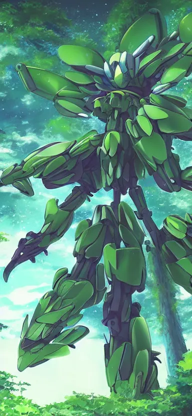 Image similar to giant humanoid plant mech, coming through treetops, forest, key art, sharp lines, towering above a small person, aesthetic, anime, trigger, shigeto koyama, hiroyuki imaishi