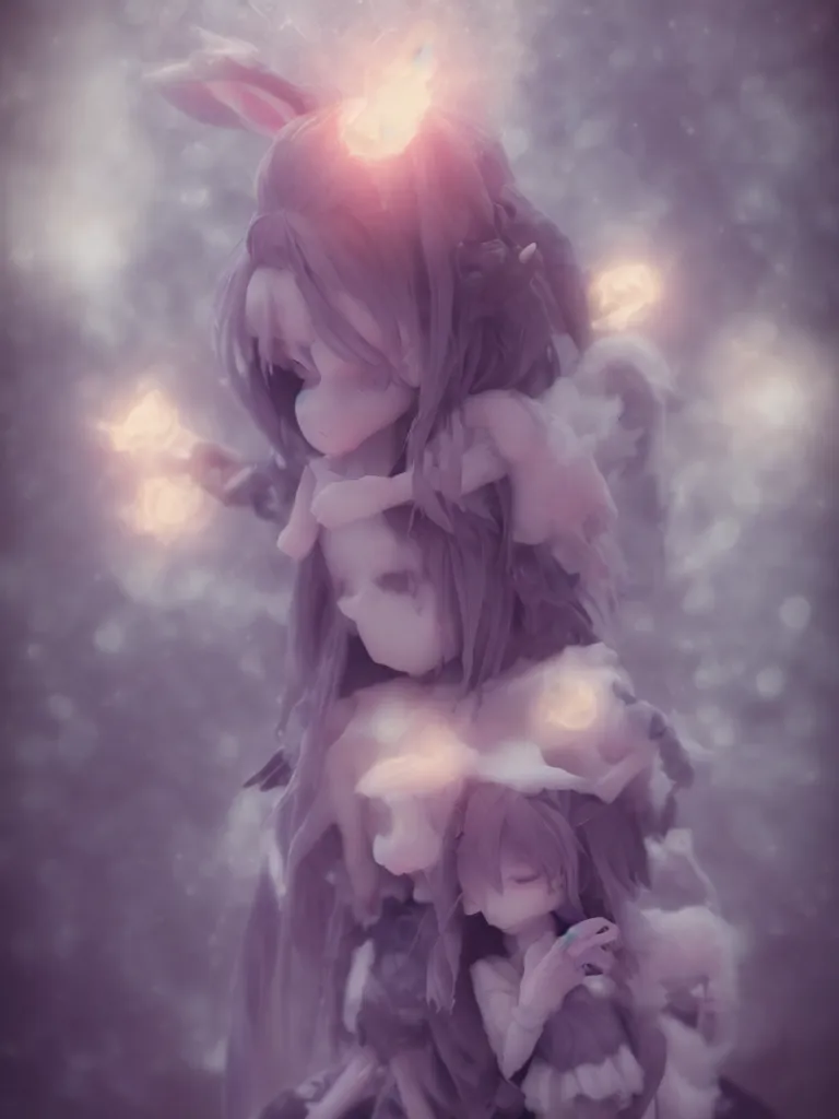 Image similar to cute fumo plush of a cursed frail witch bunny girl held tight in the arms of a translucent ghost mother, hugging and cradling, anime, eerie pretty melting volumetric smoke and fog, dark environment map pbr reflective stormy water, gothic maiden, bokeh, vignette, vray