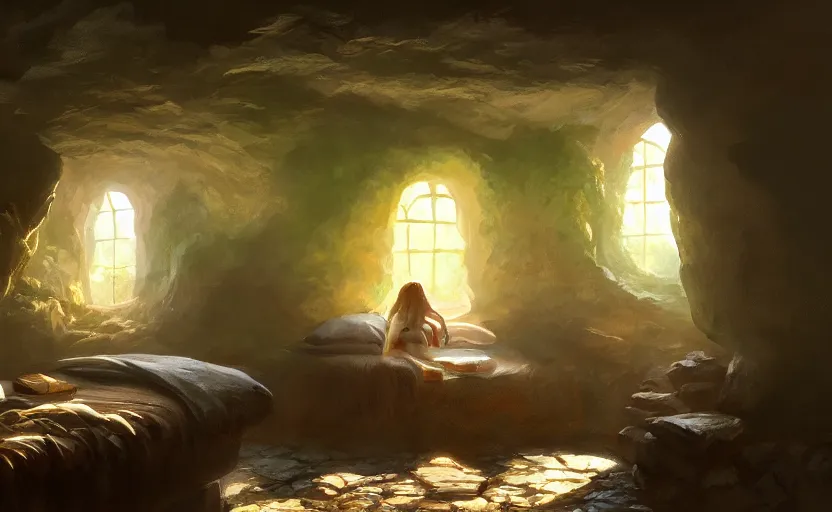 Image similar to painting of an interior of a cozy bedroom in a cave, small hot spring and lush garden outside, natural light, fantasy, natural light, concept art, by greg rutkowski and craig mullins, cozy atmospheric and cinematic lighting, trending on artstation