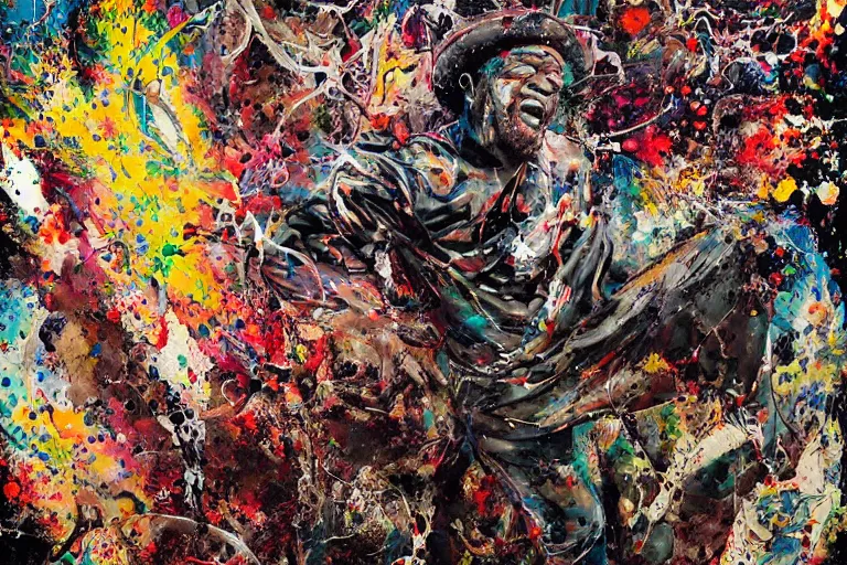 Prompt: a splattered action painting by jackson pollock showing Samuel L. Jackson from Pulp Fiction, ultradetailed, fine art painting, peter mohrbacher, moebius, skull carving, frottage, watercolor, acrylic, multilayered paint, spectacular splatter explosion, psychedelic art