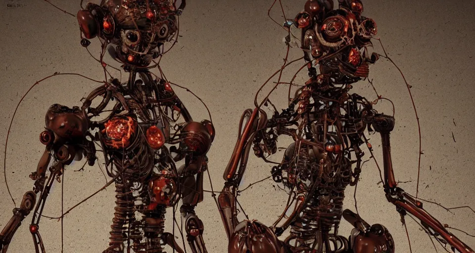 Image similar to Techno-biological rusty robot geisha consisting of tumors, veins, bones, kidneys, wires. Biopunk, body-horror, high detail, photorealism, full length view, very rust, concept art, octane render, 16k, 8k