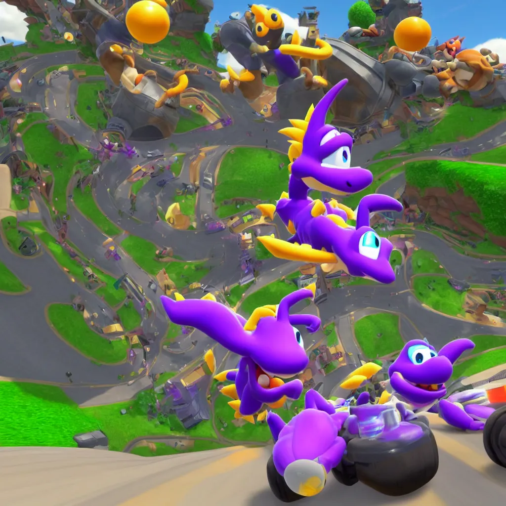 Prompt: race as spyro the dragon in mario kart 8 deluxe