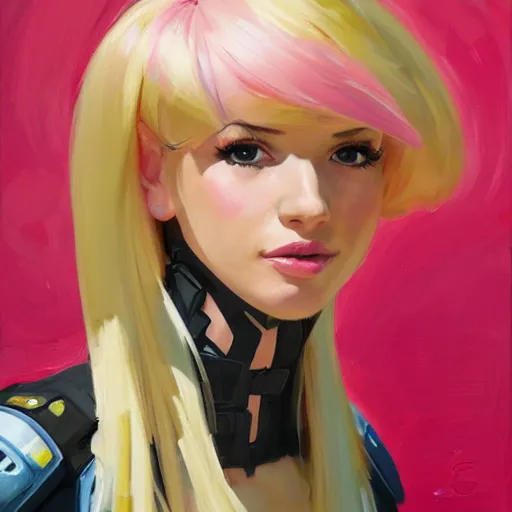 Image similar to greg manchess portrait painting of woman with blonde hair and bangs wearing a pink dress as overwatch character, medium shot, asymmetrical, profile picture, organic painting, sunny day, matte painting, bold shapes, hard edges, street art, trending on artstation, by huang guangjian and gil elvgren and sachin teng