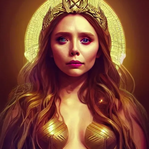 Prompt: elizabeth olsen as the goddess of instagram!!!!!!, golden ratio!!!!!, centered, trending on artstation, 8 k quality, cgsociety contest winner, artstation hd, artstation hq, luminous lighting