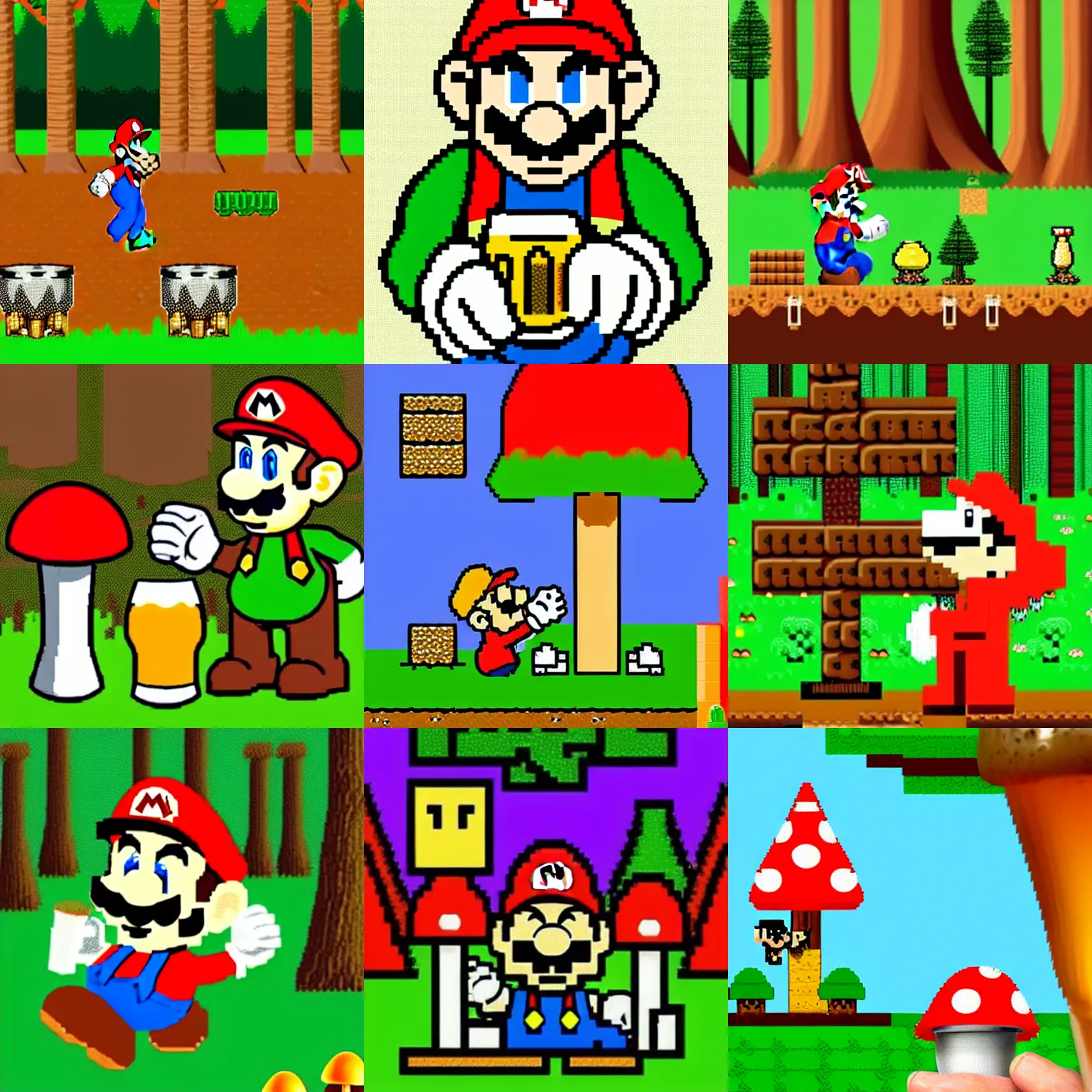 Prompt: beer in hands, drunk mario drinks beer in forest with mushrooms and big fly agaric, 8 bit