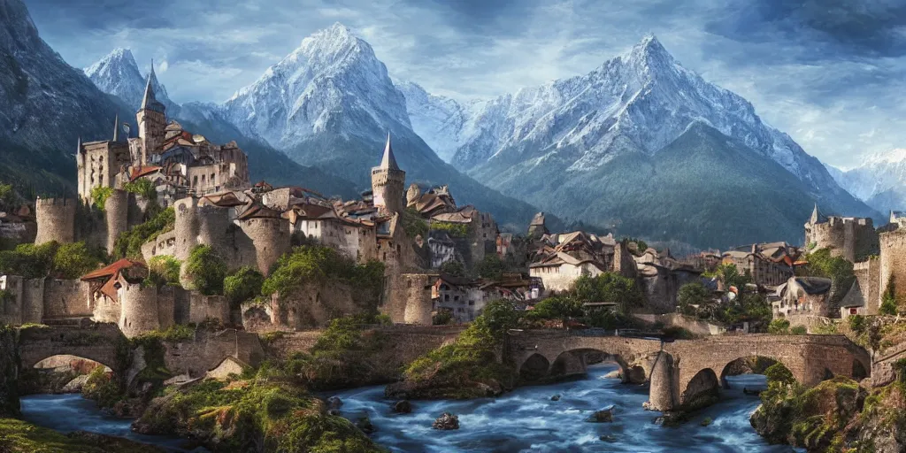 Image similar to medieval walled city nestled in a mountain with small river flowing through it, large castle in a mountain peak in the background, alpine architecture, very beautiful, intricate, majestic, concept art, trending on art station