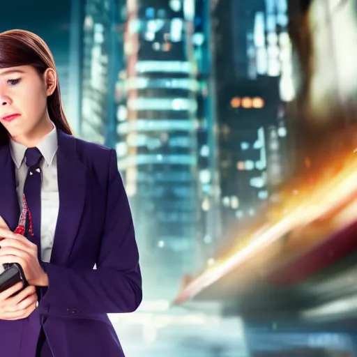 Image similar to a girl talking on a phone, wearing business clothes, marvel movie poster style, 8 k