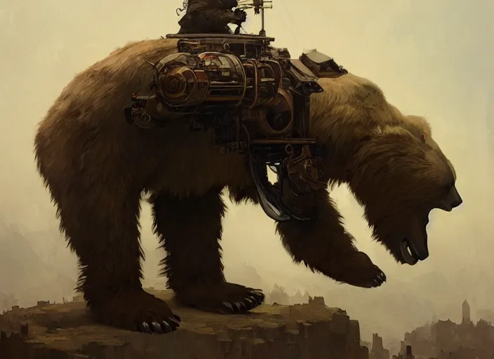 Image similar to a giant bear with a giant cannon in his back, exoskeleton, technology, elegant,, highly detailed, digital painting, artstation, concept art, smooth, sharp focus, illustration, art by krenz cushart and artem demura and alphonse mucha