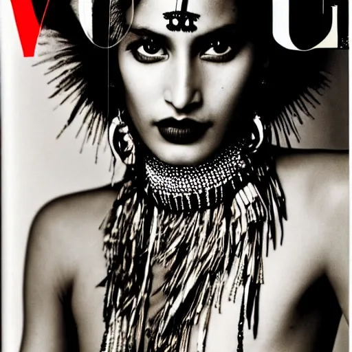 Prompt: a beautiful professional photograph by hamir sardar, herb ritts and ellen von unwerh for the cover of vogue magazine of an unusually handsome native male yanomami female fashion model looking at the camera in a flirtatious way, leica 5 0 mm f 1. 8 lens