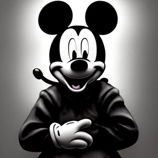 Image similar to mickey mouse warrior, painting portrait, desaturated, chiaroscuro, extremely detailed, artstation, cinematic